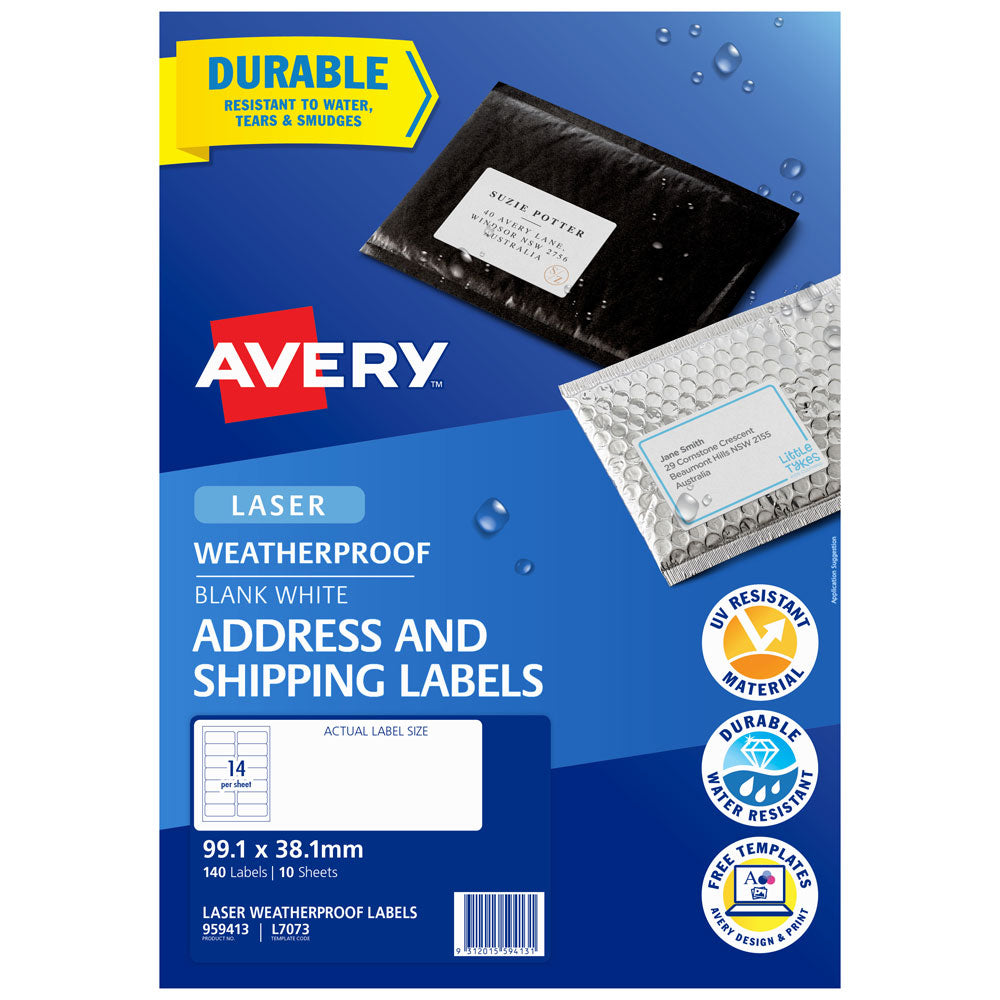 Avery Weatherproof Label L7073 99.1X38.1mm 14up 10 Sheets - Cafe Supply