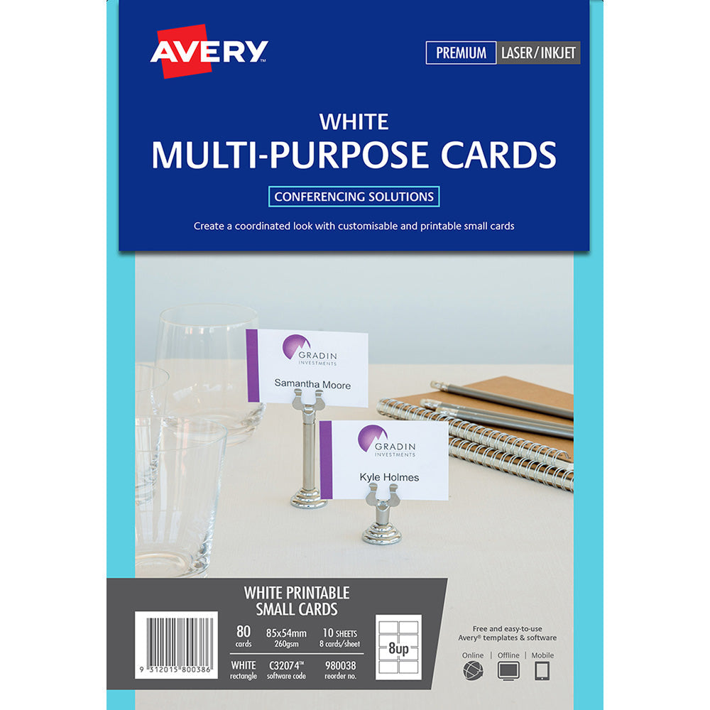 Avery Cards Multi Purpose  Inkjet Laser 8up 10 Sheets - Cafe Supply