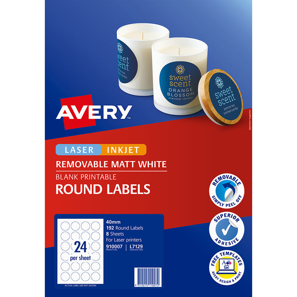 Avery Label L7129 Round Matte White 40mm 24up 8 Sheets - Cafe Supply