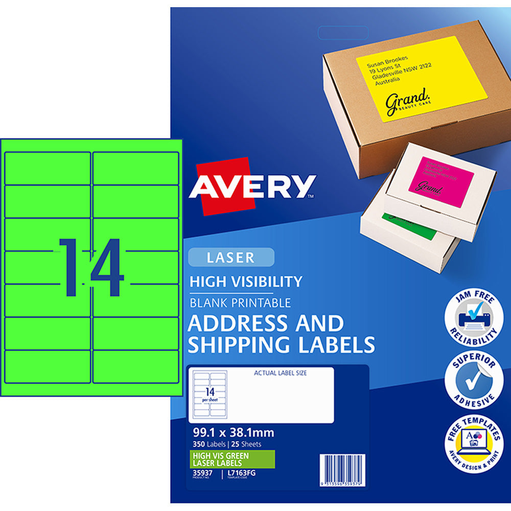 Avery Shipping Label L7163FG Fl Green Laser 99.1x38.1mm 14up 25 Sheets - Cafe Supply