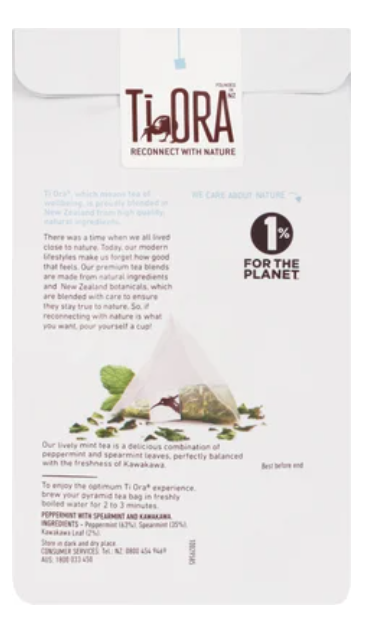 Ti Ora Herbal Infusion Peppermint With Spearmint & New Zealand Kawakawa Pyramid Tea Bags 15pk