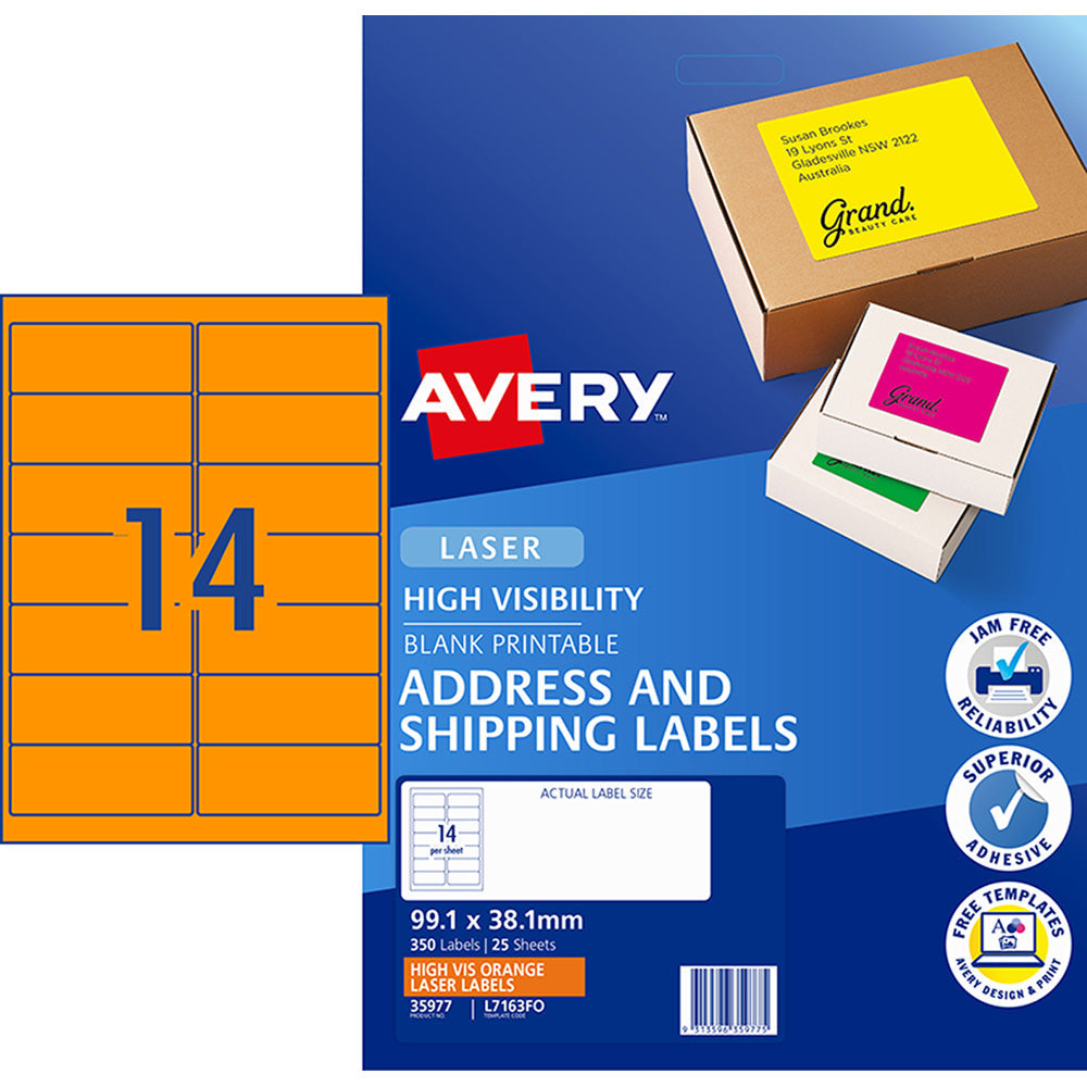 Avery Shipping Label L7163FO Flo Orange Laser 99.1x38.1mm 14up 25 Sheets - Cafe Supply