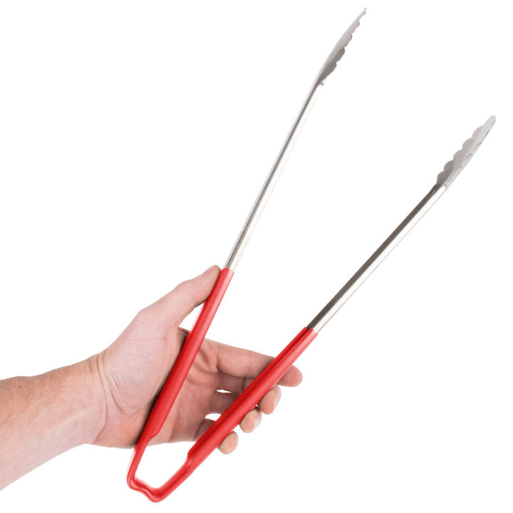 16-inch stainless steel one-piece scalloped tongs with red Kool-Touch® handle