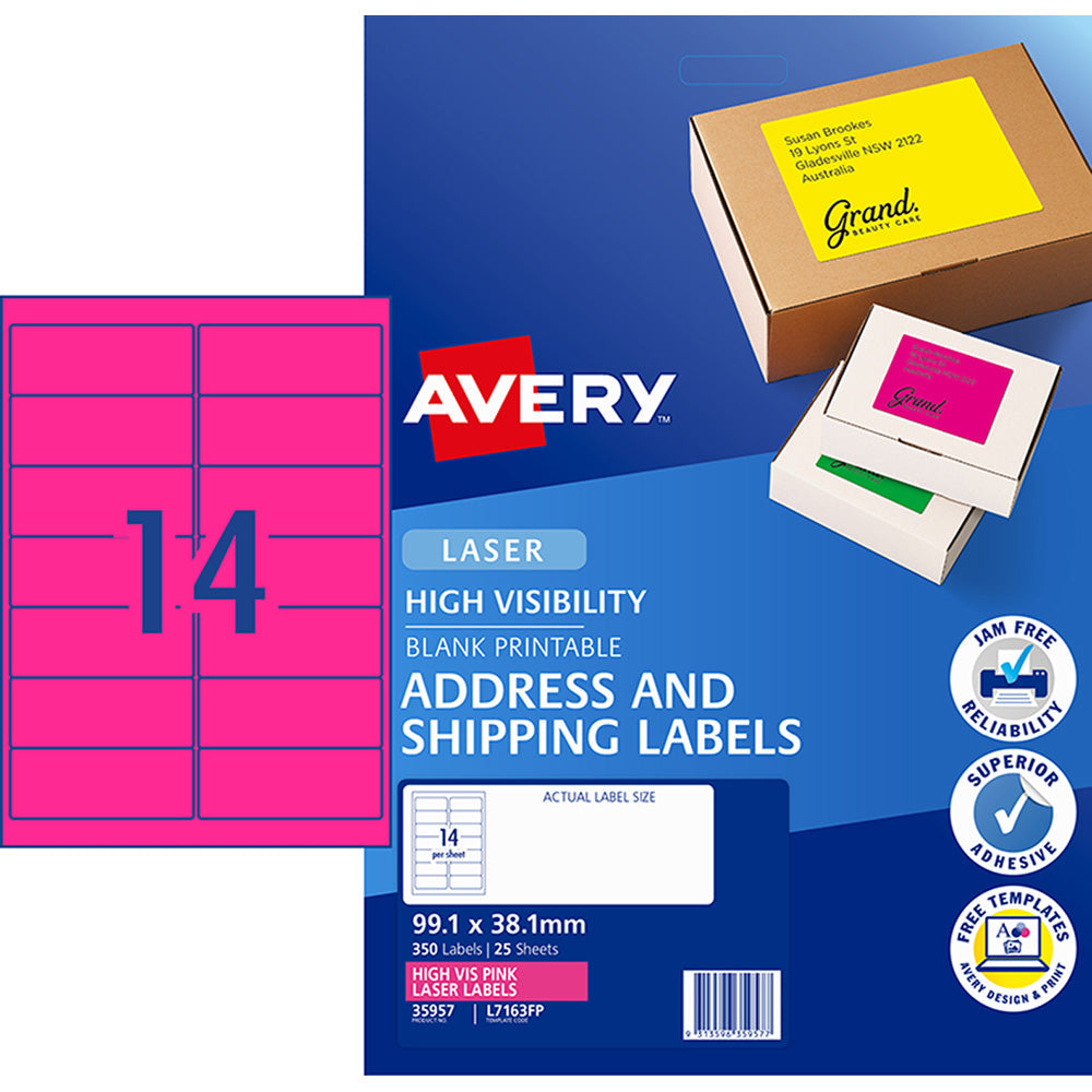 Avery Shipping Label L7163FP Flo Pink Laser 99.1x38.1mm 14up 25 Sheets - Cafe Supply