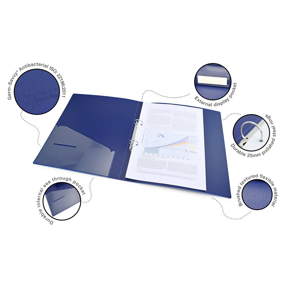 Rapesco Germ-Savvy Antibacterial A4 PP Ring Binder 2/25 Blue - Cafe Supply
