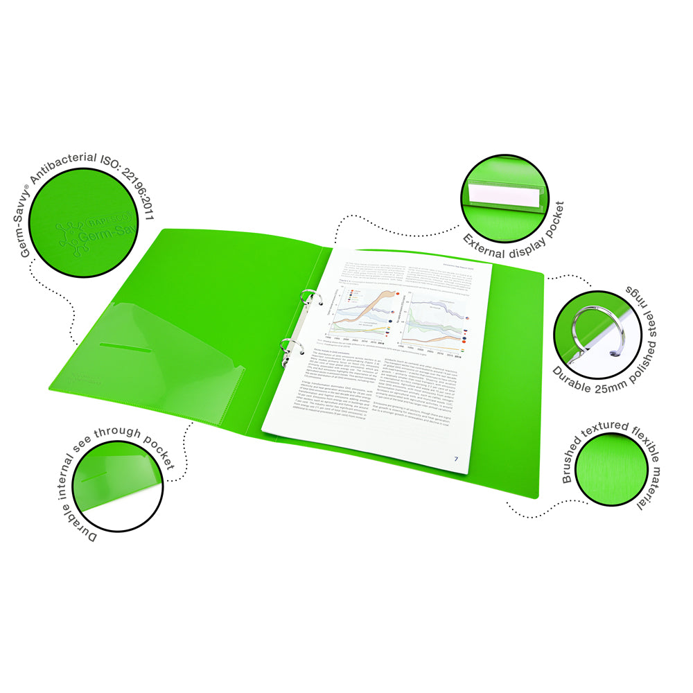 Rapesco Germ-Savvy Antibacterial A4 PP Ring Binder 2/25 Green - Cafe Supply