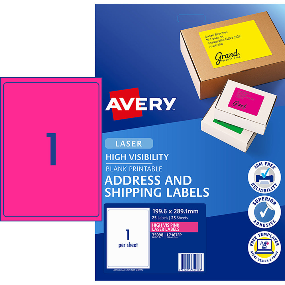 Avery Shipping Label L7167FP Flo Pink Laser 199.6 X 289.1mm 1up 25 Sheets - Cafe Supply