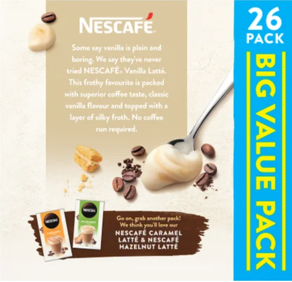 Nescafe Vanilla Latte Coffee Sachets Value Pack 26pk - Cafe Supply