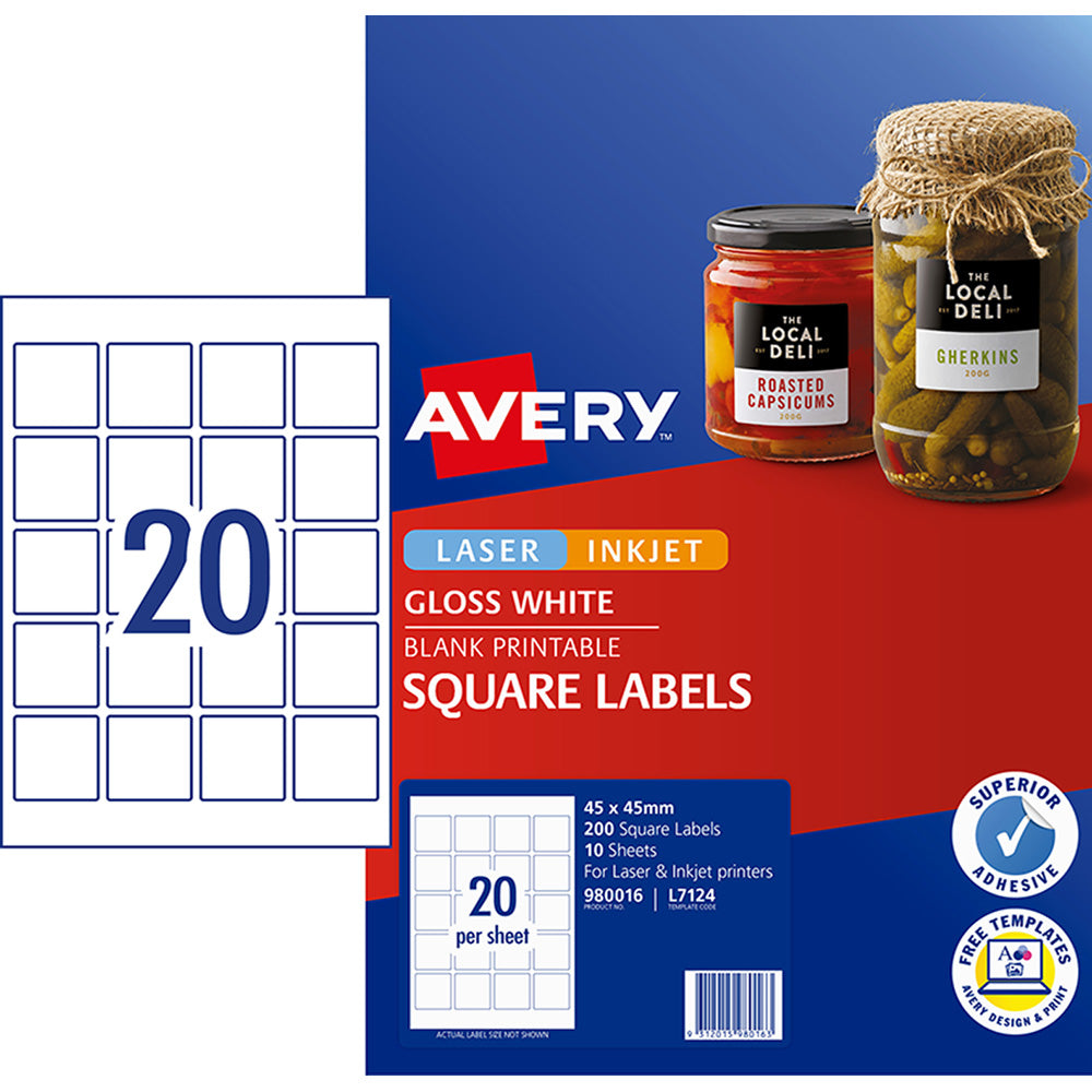 Avery Square Glossy Labels L7124 10 Sheets 20up 45x45mm - Cafe Supply