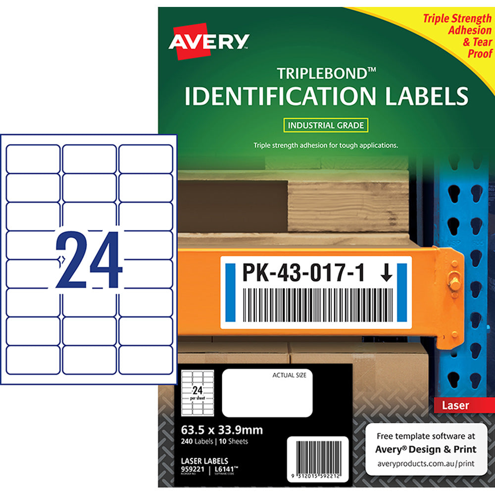 Avery Triplebond Label L6141 White Laser 63.5x33.9mm 24up 10 Sheets - Cafe Supply