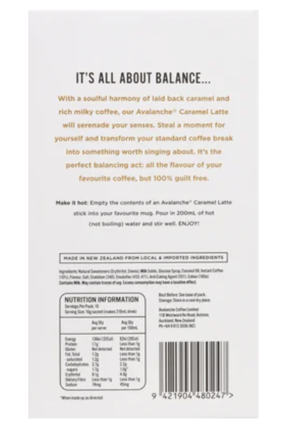 Avalanche 99% Sugar Free Caramel Latte Coffee Sticks 10 x 16g - Cafe Supply