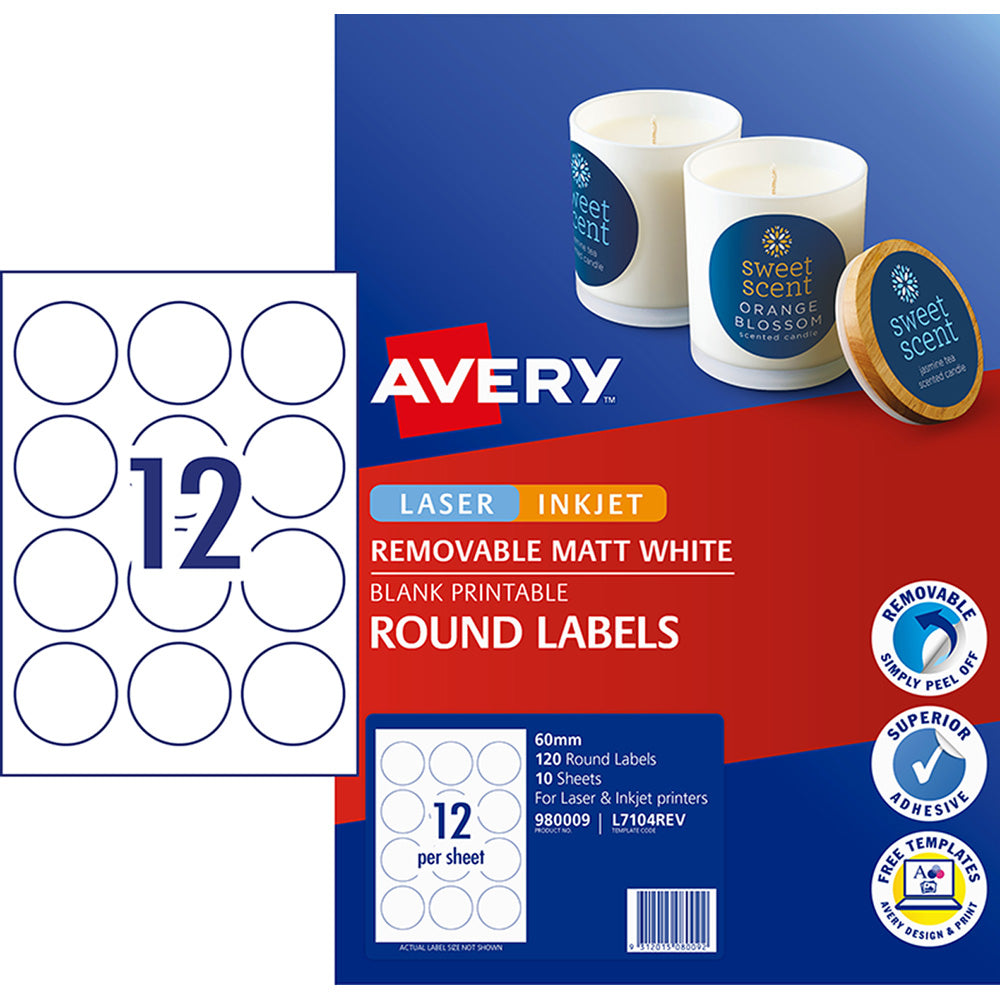 Avery Label L7104REV Round White 60mm 12up 10 Sheets - Cafe Supply