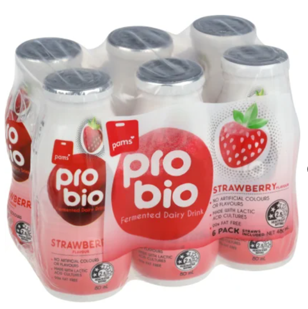 Pams Strawberry Pro Bio Cultured Dairy Drink 6pk - Cafe Supply