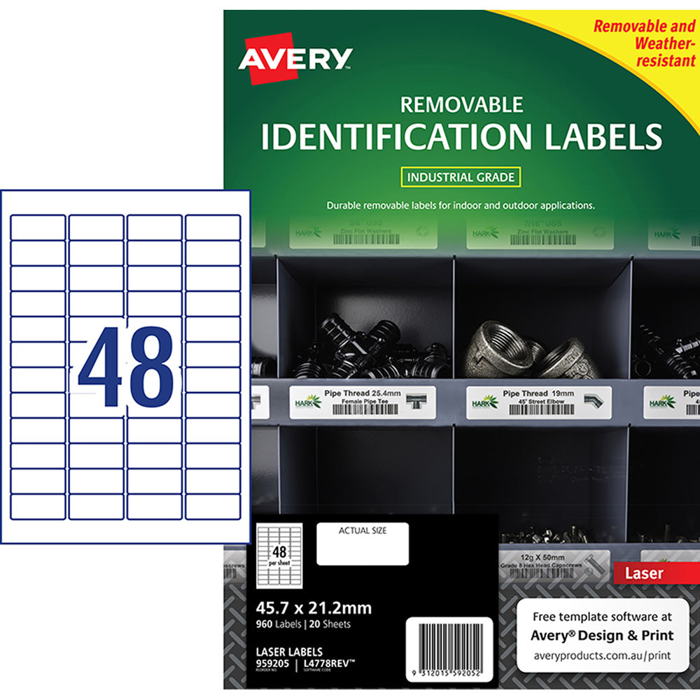 Avery Weather Resistant Removable Label L4778 Laser 45.7x21.2mm White 48up 20 Sheets - Cafe Supply
