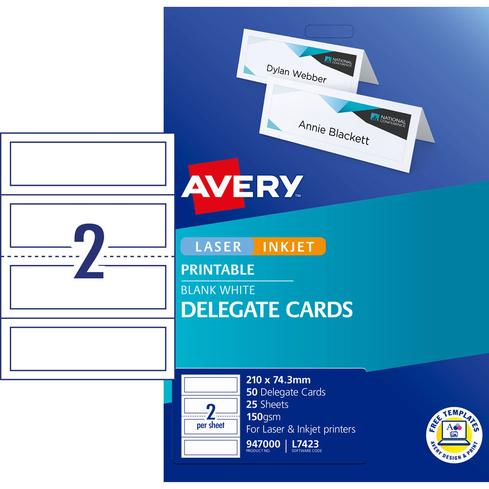 Avery Delegate Cards 210x74.3mm 50 Cards 25 Sheets Inkjet Laser - Cafe Supply