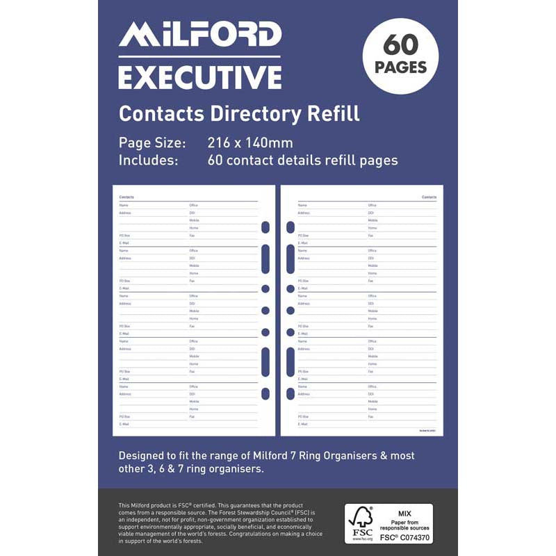 Milford Executive Contacts Refill 60 Page - Cafe Supply