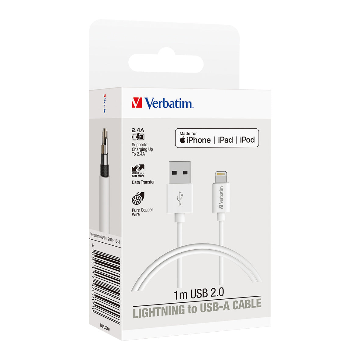 Verbatim Essentials Charge & Sync Lightning Cable 1m White - Cafe Supply