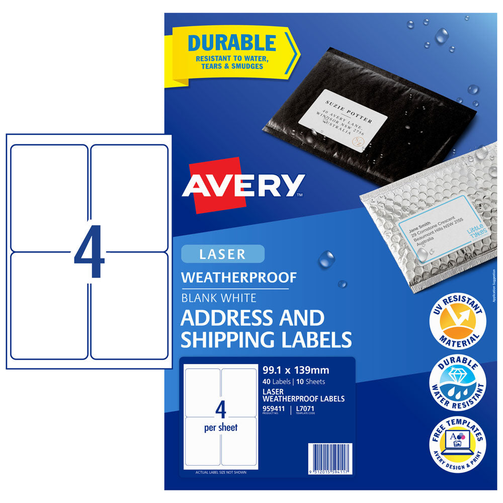 Avery Weatherproof Label L7071 99.1X139mm 4up 10 Sheets - Cafe Supply