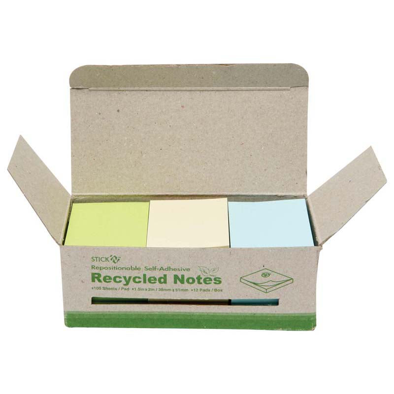 Stick'n Recycled Notes 38x50mm 100 Sheet Assorted Box 12 - Cafe Supply