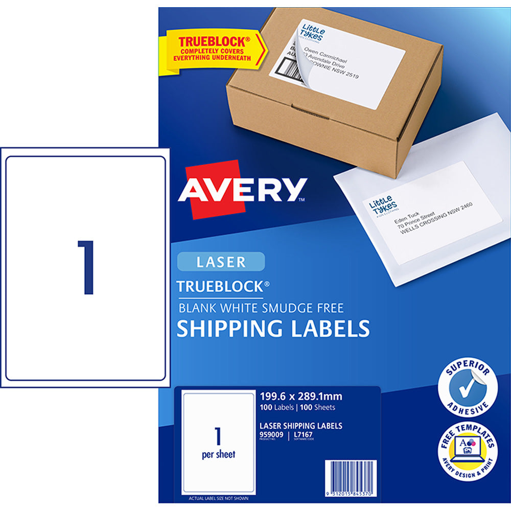 Avery Label L7167-100 1up 100 Sheets Laser 199x289mm - Cafe Supply