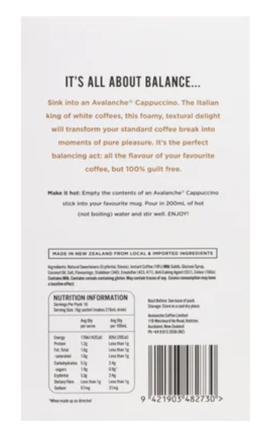 Avalanche 99% Sugar Free Cappuccino Coffee Sticks 10 x 16g - Cafe Supply