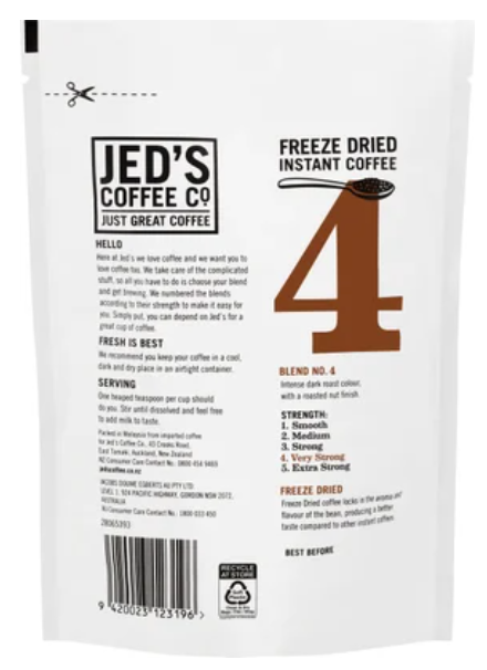 Jed's Coffee Co. #4 Very Strong Strength Instant Freeze Dried Coffee Refill 90g - Cafe Supply