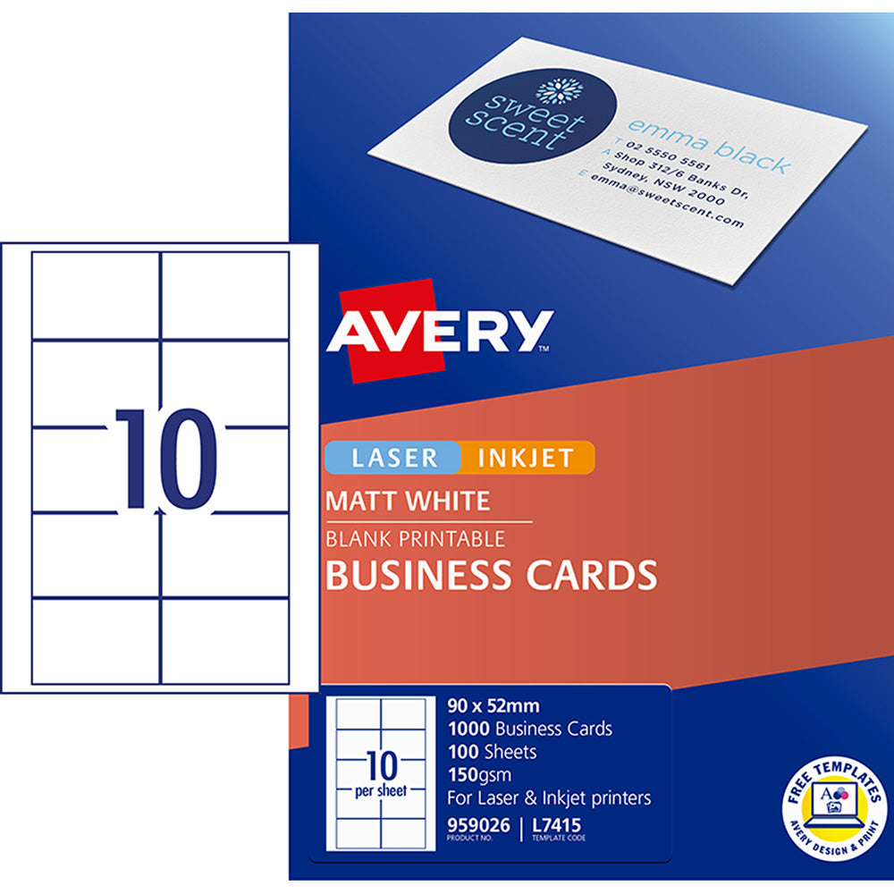 Avery Business Cards L7415-100 10up 100 Sheets Inkjet Laser - Cafe Supply