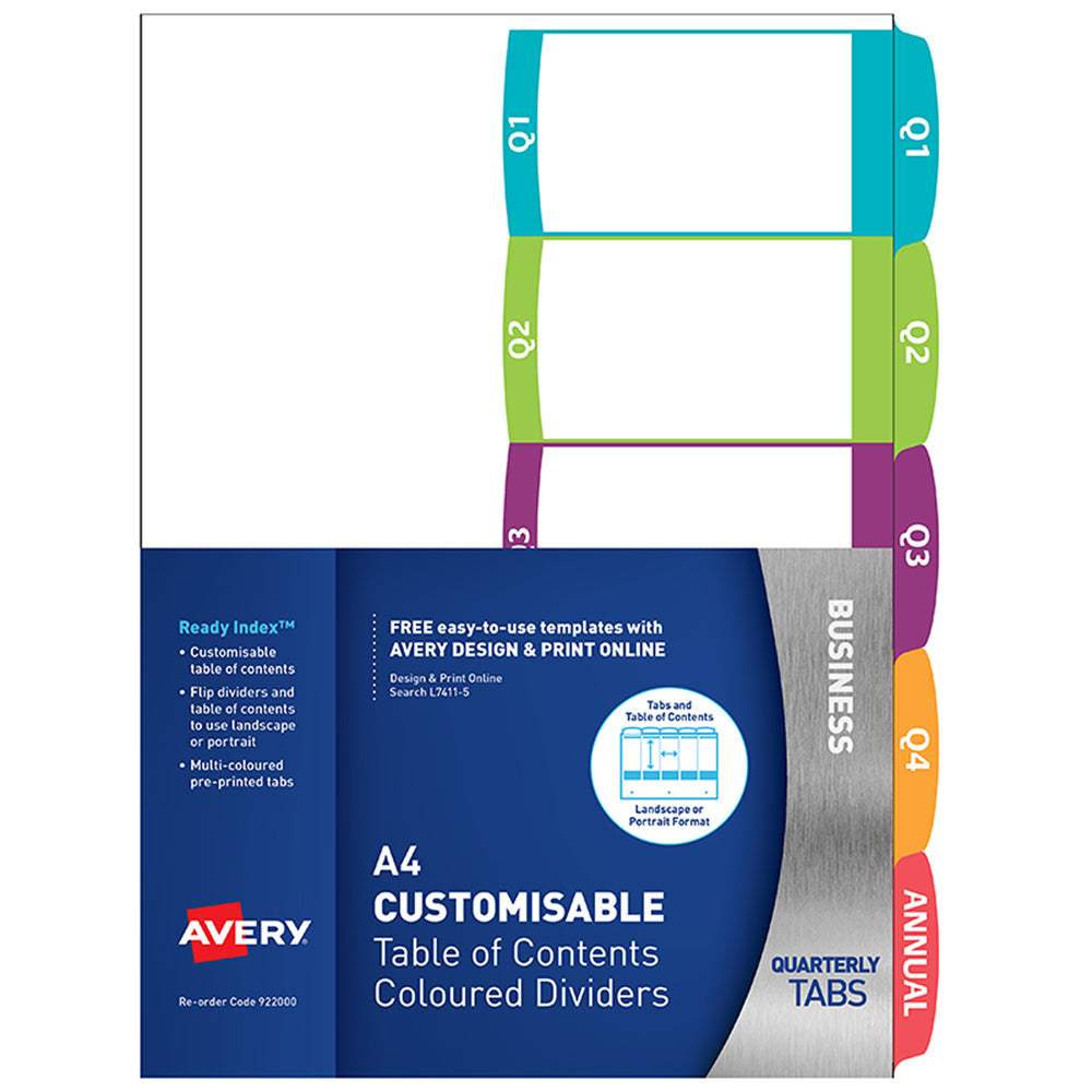 Avery Customisable Table Of Contents A4 Quarterly 5 Tabs Coloured - Cafe Supply