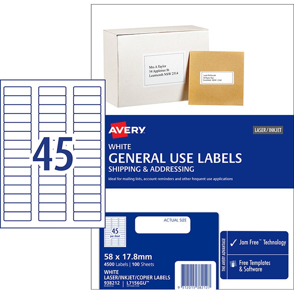 Avery Label L7156 General Use 58x17.8mm 45up 100 Sheets - Cafe Supply