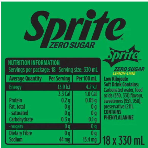 Sprite Zero Sugar Natural Flavour Soft Drink Cans 18 x 330ml