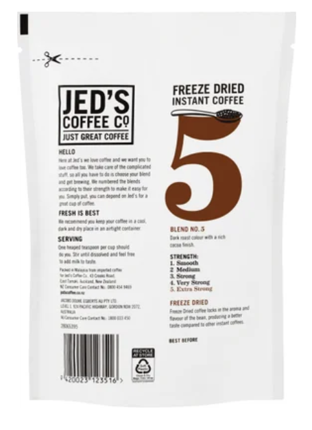 Jed's Coffee Co. #5 Extra Strong Strength Instant Freeze Dried Coffee Refill 90g - Cafe Supply