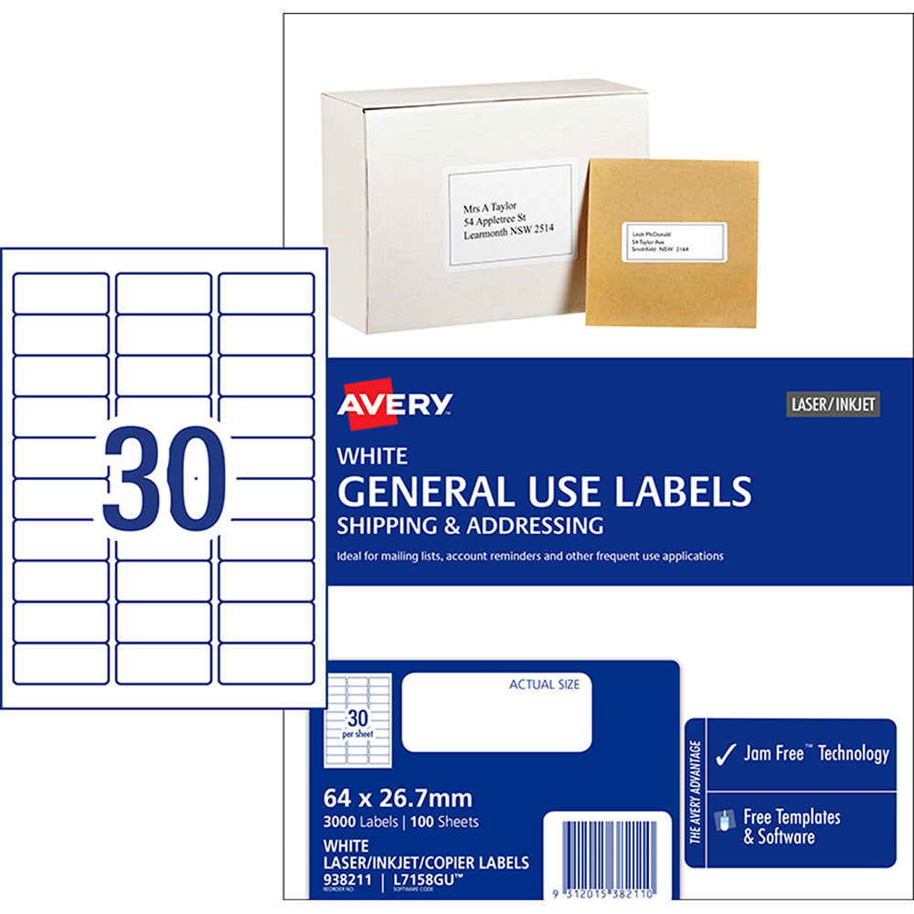 Avery Label L7158 General Use 64x26.7mm 30up 100 Sheets - Cafe Supply