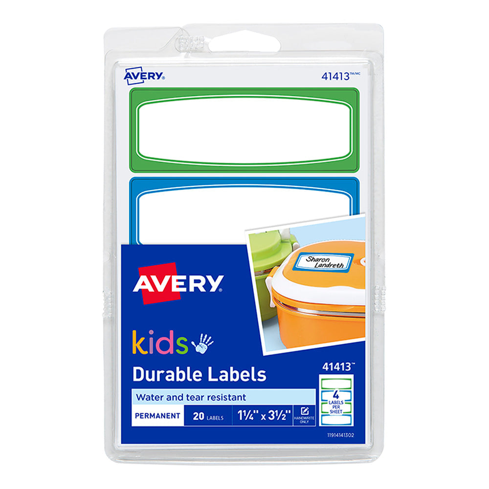Avery Label Kids Durable Green Blue Border 89x32mm 4up 5 Sheets - Cafe Supply
