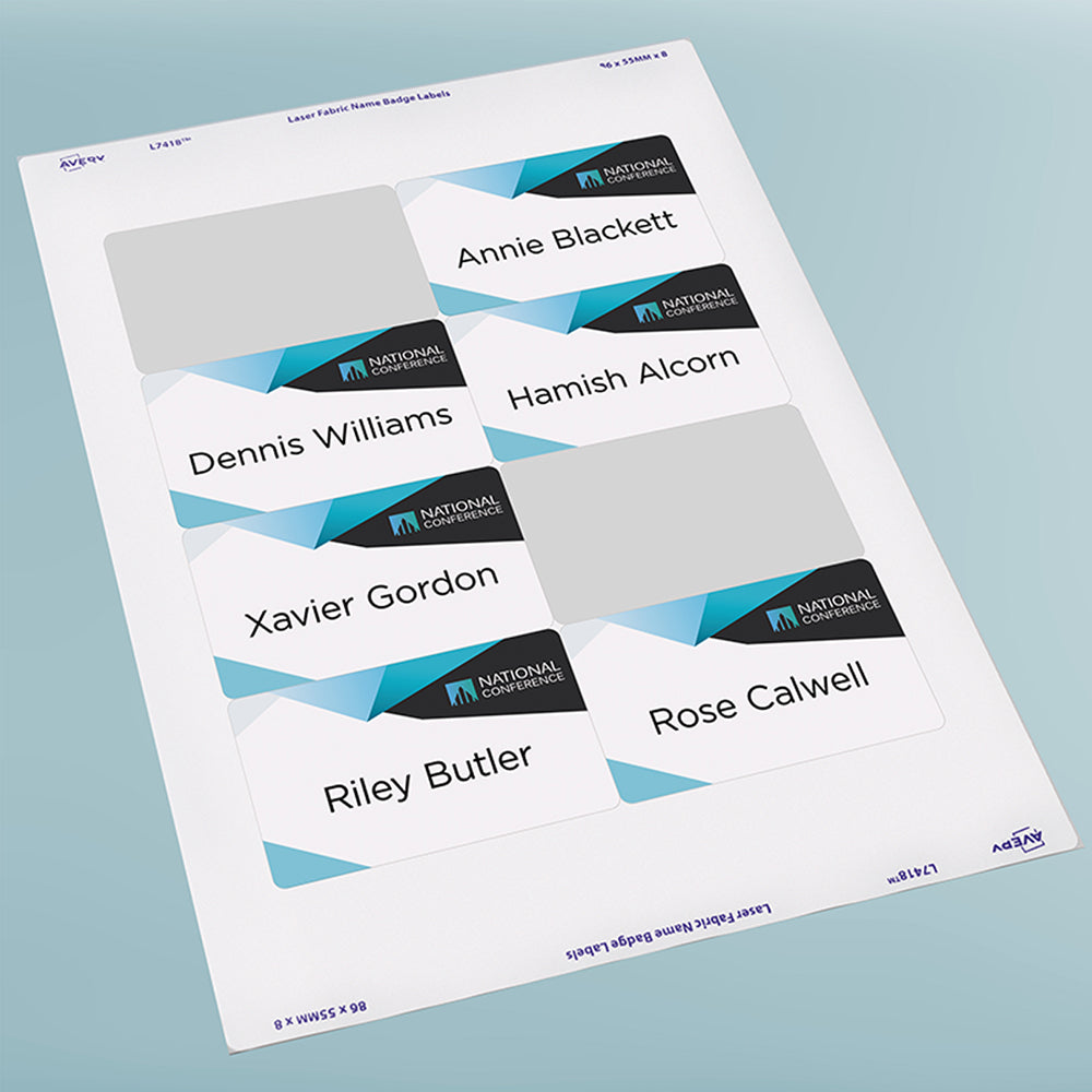 Avery Label Fabric Badge L7418 86.5 x 55.5mm 8up 15 Sheets - Cafe Supply