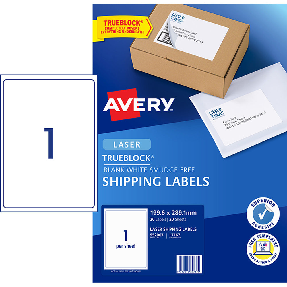 Avery Label L7167-20 Laser 1up 20 Sheets 199x289mm - Cafe Supply