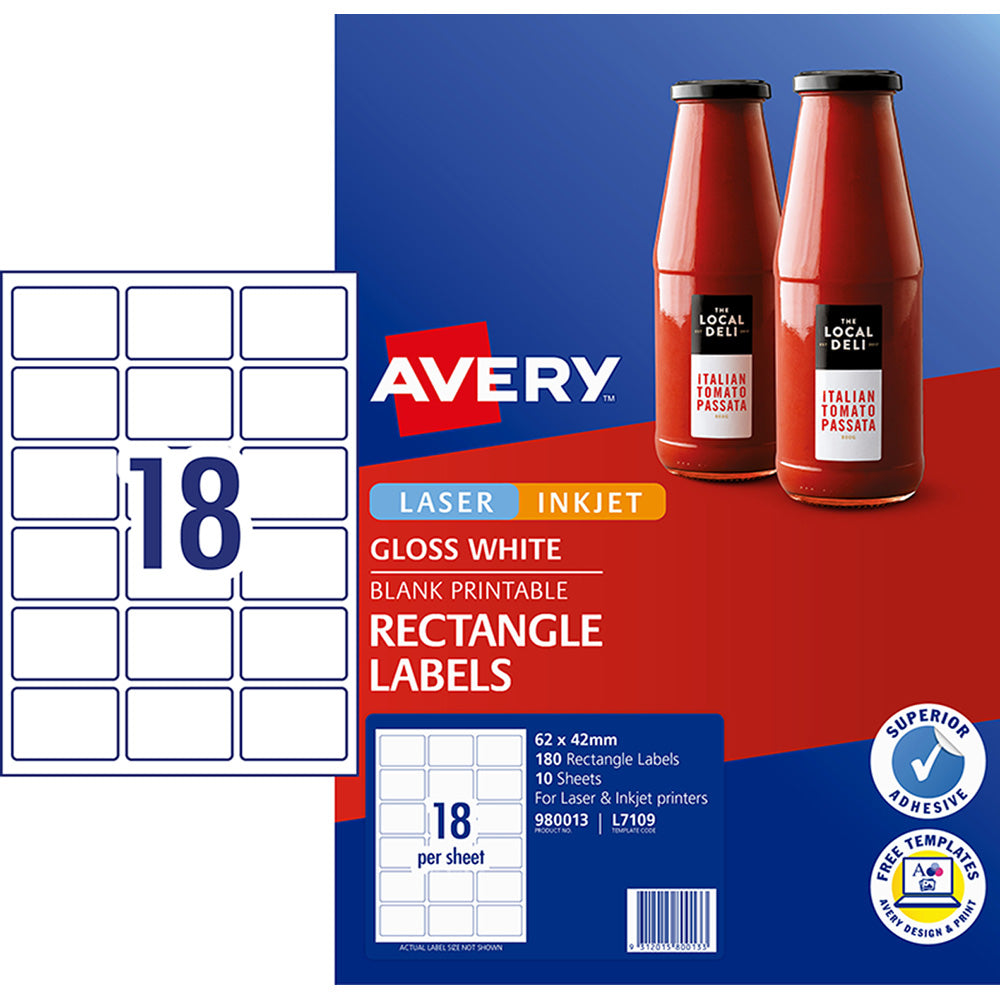 Avery Label L7109 Rectangular White Glossy 18up 10 Sheets 62x42mm - Cafe Supply
