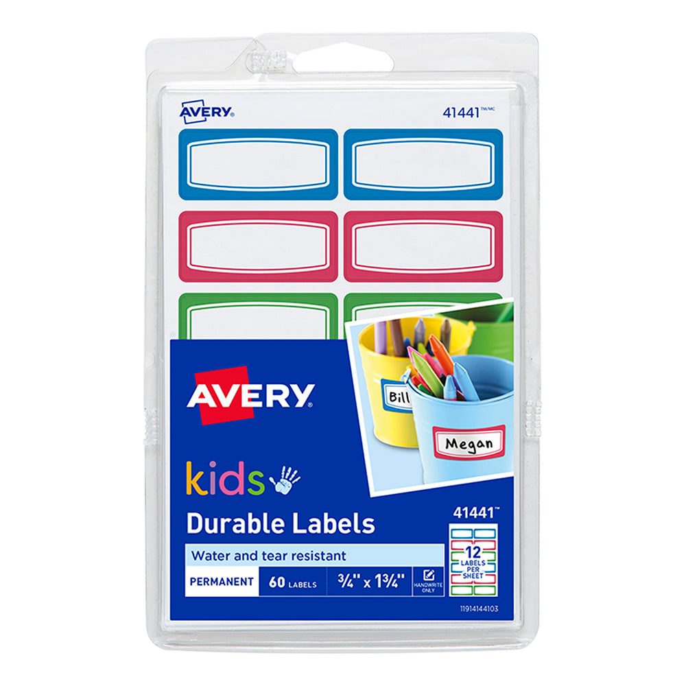 Avery Label Kids Durable Green Blue Red Border 44x19mm 12up 5 Sheets