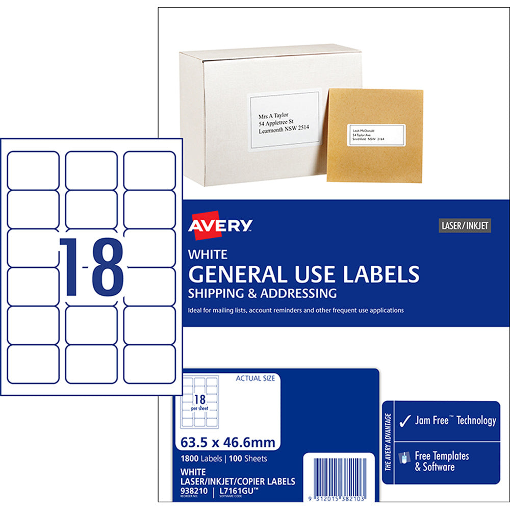 Avery Label L7161 General Use A4 18up 100 Sheets 63x46mm - Cafe Supply