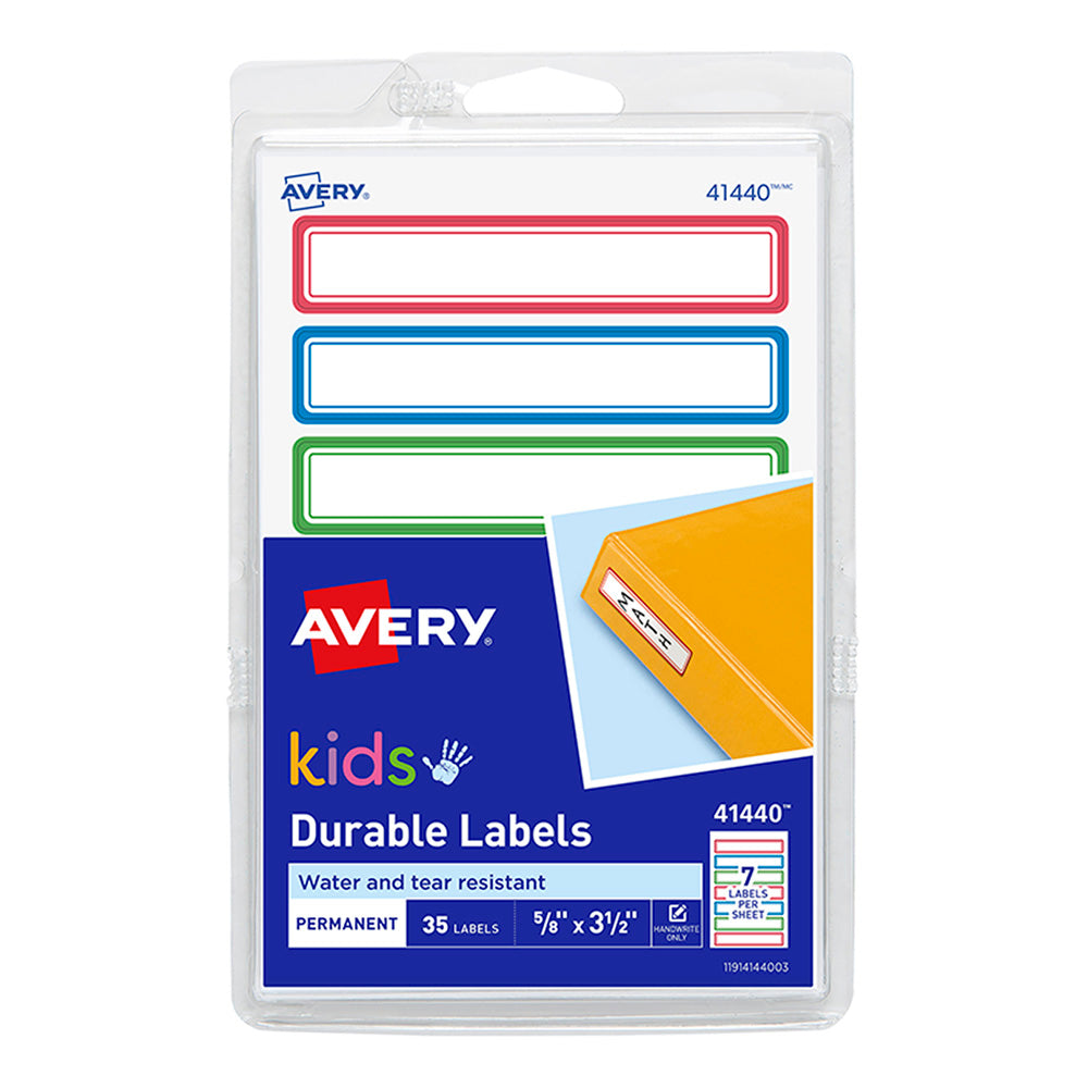 Avery Label Kids Durable Green Blue Red Border 89x16mm 7up 5 Sheets - Cafe Supply