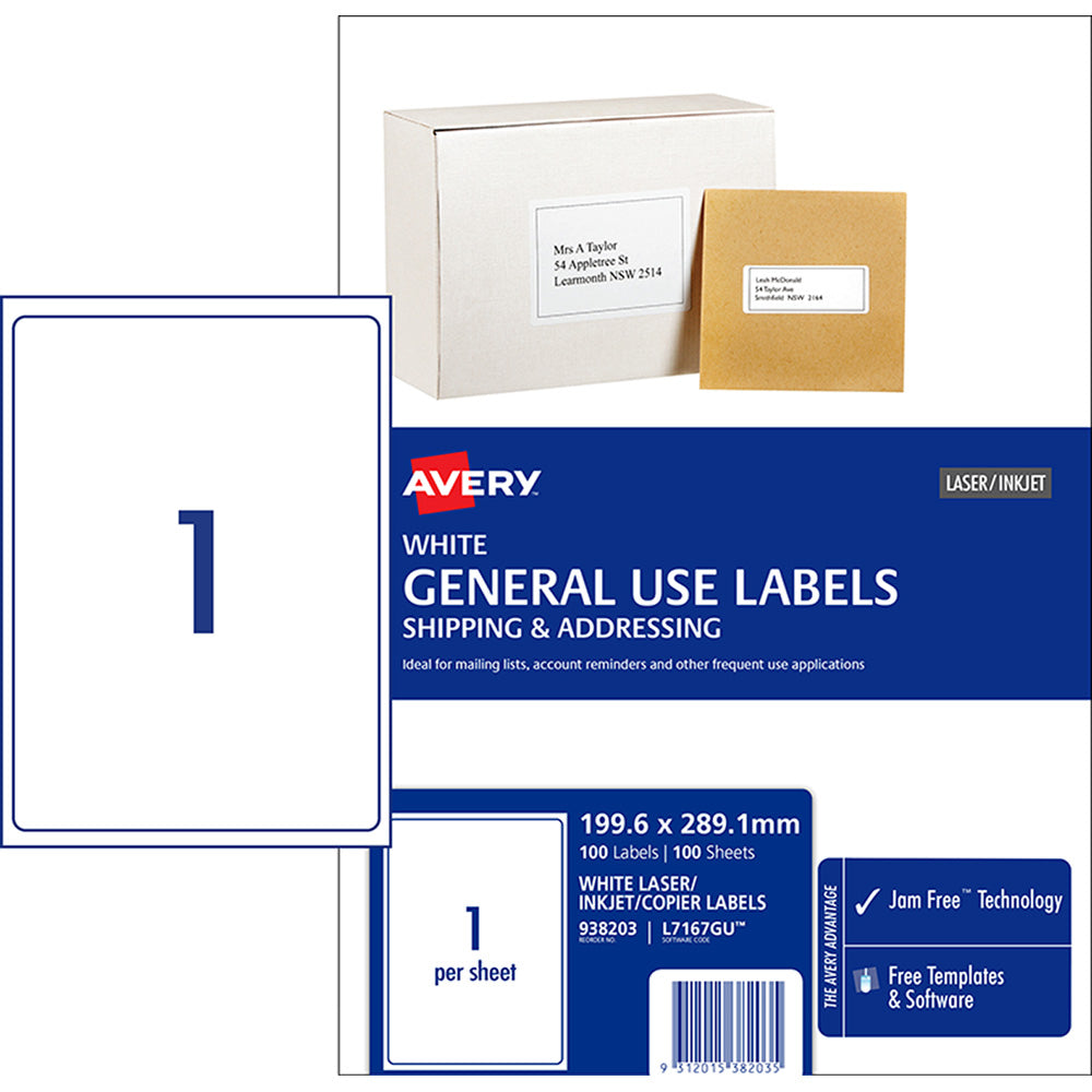 Avery Label L7167 General Use A4 1up 100 Sheets 199x289mm - Cafe Supply