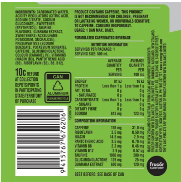 V Zero Sugar Original Guarana Energy Drink 500ml - Cafe Supply