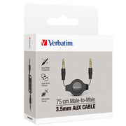 Verbatim Essentials Audio Cable 3.5mm Aux Retractable 75cm Black - Cafe Supply