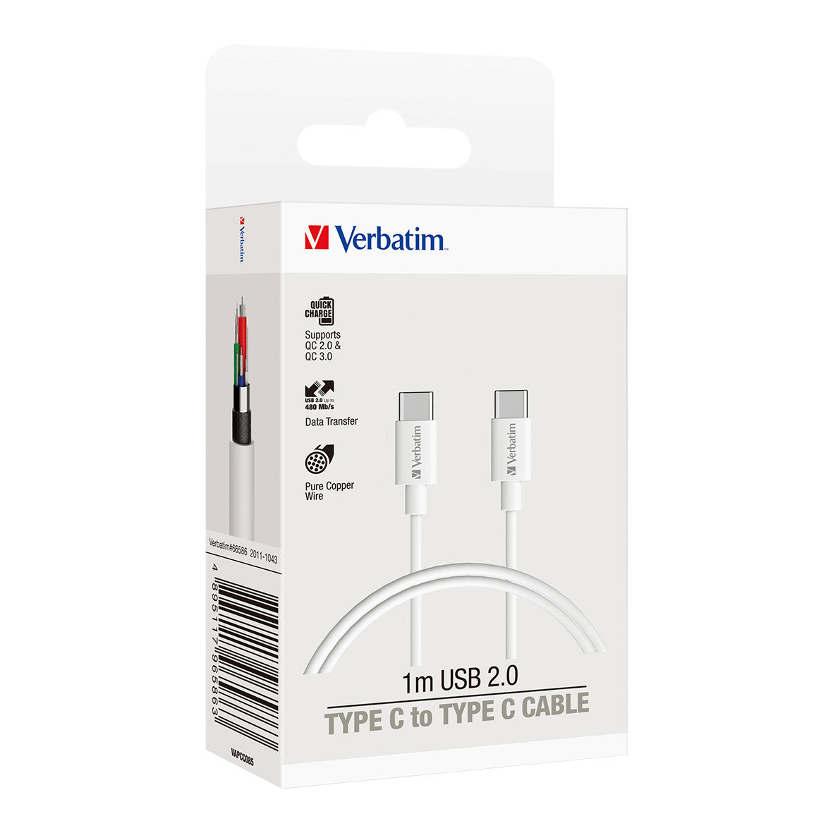 Verbatim Essentials Charge & Sync USB-C to USB-C Cable 1m White - Cafe Supply