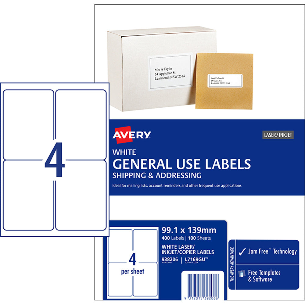 Avery Label L7169 General Use A4 4up 100 Sheets 99x139mm - Cafe Supply