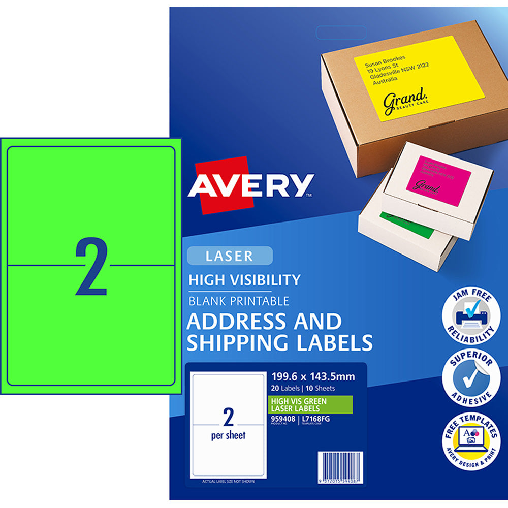 Avery Shipping Label L7168FG Fl Green Laser 199.6x143.5mm 2up 10 Sheets - Cafe Supply