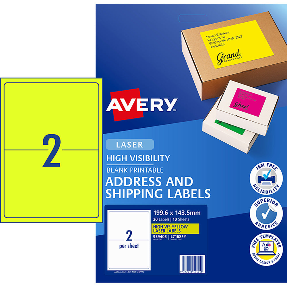 Avery Shipping Label L7168FY Fluoro Yellow Laser 199.6x143.5mm 2up 10 Shts - Cafe Supply