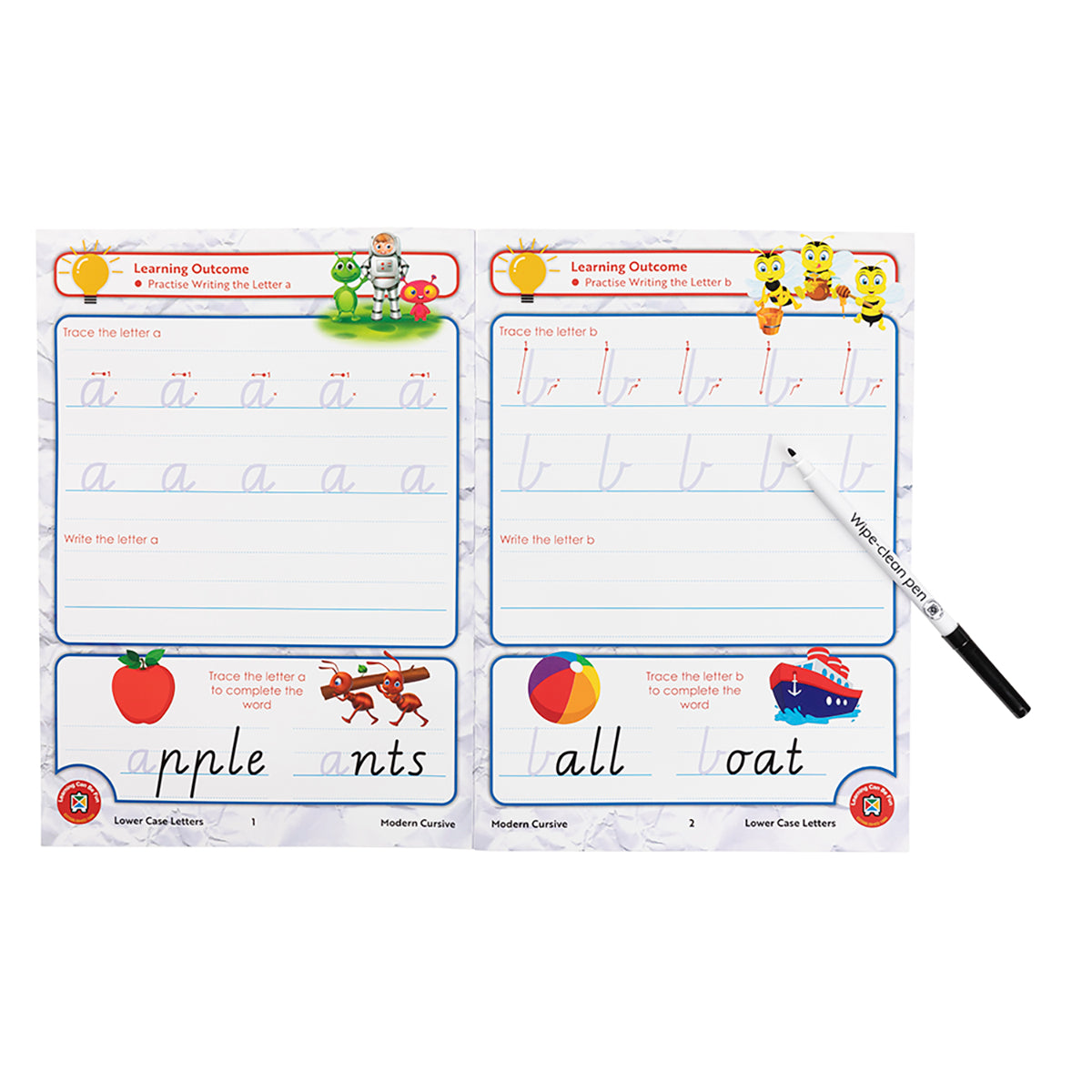 LCBF Wipe Clean Learning Book Lower Case Letter NZ Modern Cursive w/Marker - Cafe Supply