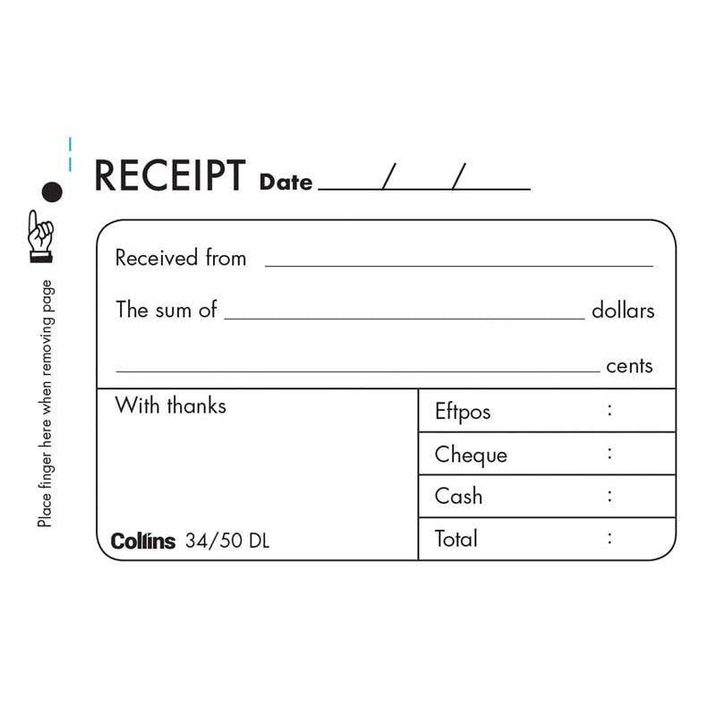 Collins Cash Receipt 34/50DL Duplicate Carbon Required - Cafe Supply