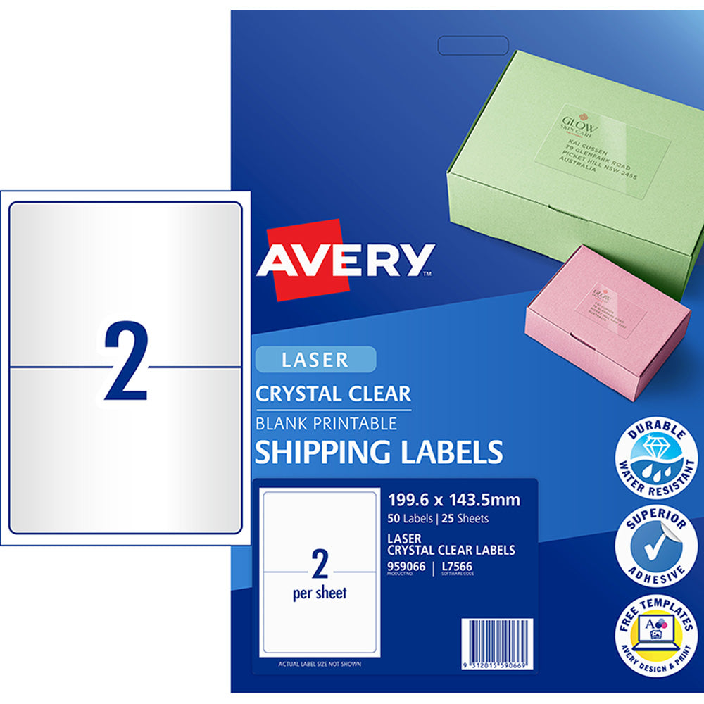 Avery Shipping Label L7566 Crystal Clear 199.6x143.5mm 2up 25 Sheets - Cafe Supply