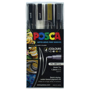 Uni Posca Marker 0.9-1.3mm Fine 4 Pack Black White Gold Silver PC-3M